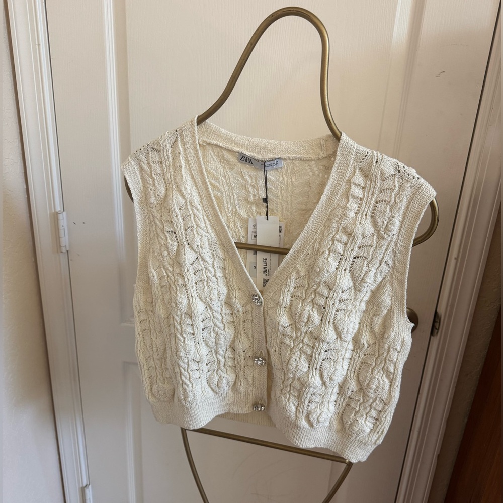 Zara Ivory Cable Knit Vest with Rhinestone Buttons